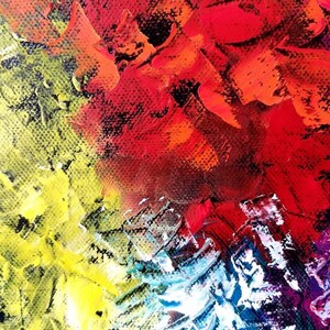 May include: Abstract oil painting with a textured surface. The artwork features bold brushstrokes in a vibrant palette of red, orange, yellow, blue, and white. The artist's signature, "margoArtPanther", is visible in the upper right corner.