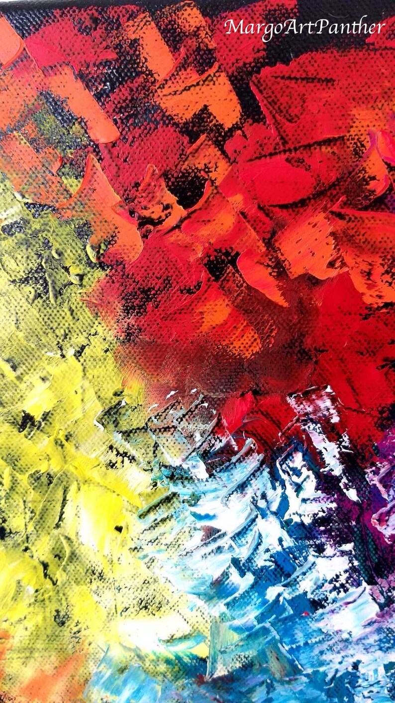May include: Abstract oil painting with a textured surface. The artwork features bold brushstrokes in a vibrant palette of red, orange, yellow, blue, and white. The artist's signature, "margoArtPanther", is visible in the upper right corner.