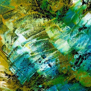 May include: Abstract acrylic painting with textured brushstrokes in shades of blue, green, yellow, and white. The artwork has a dynamic, layered composition, evoking a sense of depth and movement. The canvas has a visible texture.