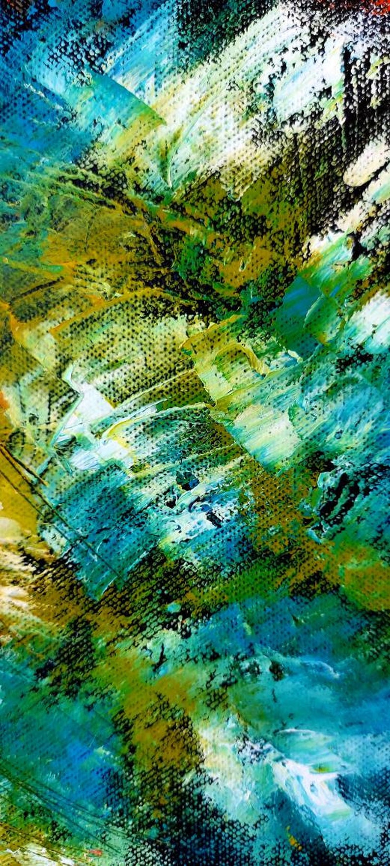 May include: Abstract acrylic painting with textured brushstrokes in shades of blue, green, yellow, and white. The artwork has a dynamic, layered composition, evoking a sense of depth and movement. The canvas has a visible texture.