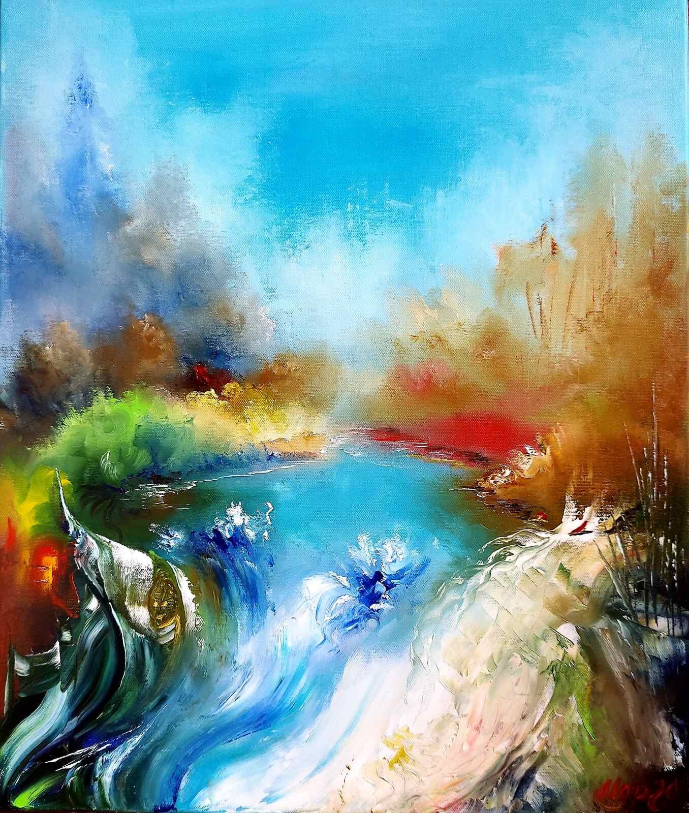 Sky Lake Painting  24x20 in Abstract Landscape Artwork Original