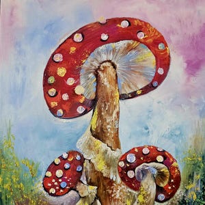 May include: A painting of three red mushrooms with white spots. The mushrooms are painted in a realistic style with a focus on texture and detail. The background is a soft pink and blue.