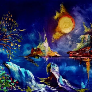 May include: An abstract landscape painting with a vibrant color palette. The artwork features a large yellow sun, a waterfall, and a body of water reflecting the sky. The painting uses bold brushstrokes and a rich blue and yellow color scheme.