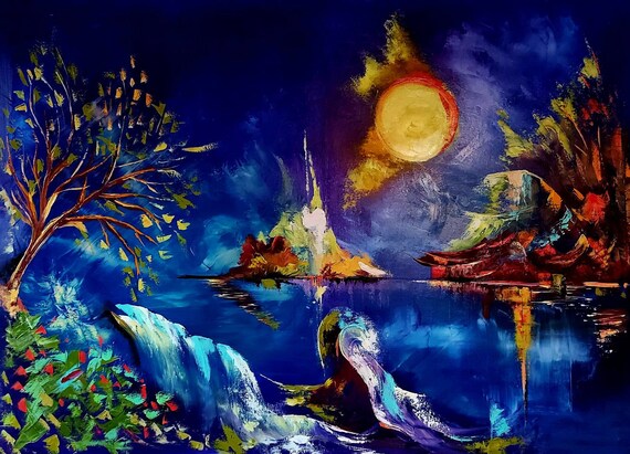 Moon Landscape Artwork 40x55 in Original Oil Painting- Bright Moon Art- Large Wall Art-River at Night Nature Abstract Art