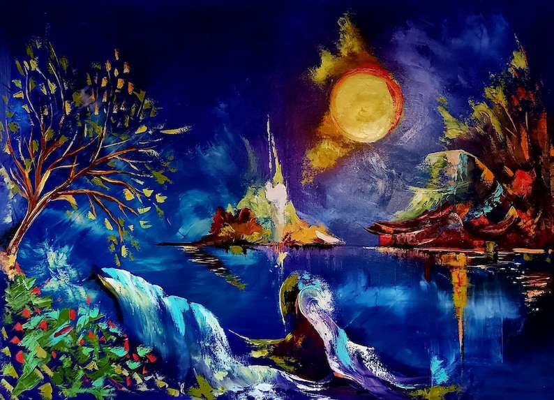May include: An abstract landscape painting with a vibrant color palette. The artwork features a large yellow sun, a waterfall, and a body of water reflecting the sky. The painting uses bold brushstrokes and a rich blue and yellow color scheme.