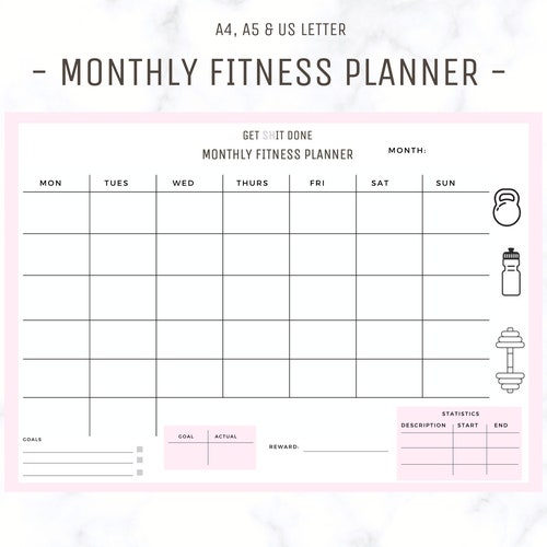 Monthly Fitness Printable Planner Fitness Tracker Workout - Etsy