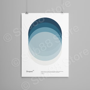 May include: A minimalist poster with the word "Shapes" and the number "02" in the bottom left corner. The poster features a series of overlapping circles in shades of blue on a white background.