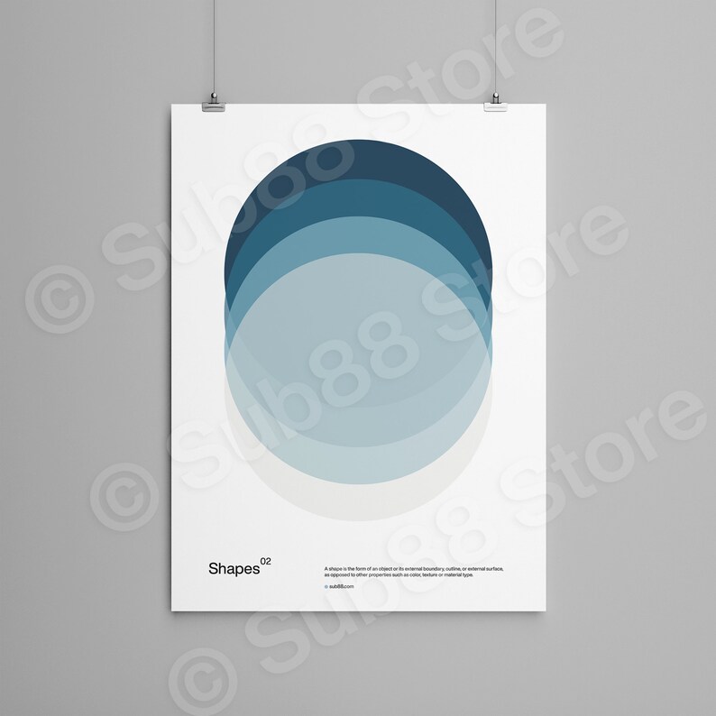 May include: A minimalist poster with the word "Shapes" and the number "02" in the bottom left corner. The poster features a series of overlapping circles in shades of blue on a white background.