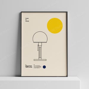 May include: A framed poster featuring a black line drawing of a Wagenfeld table lamp on a cream background. The text reads Less is more and Wagenfeld Table Lamp. A large yellow circle is positioned above the lamp, and a small dark blue circle is below.