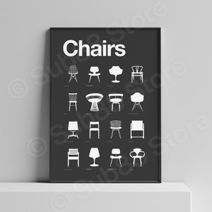 Iconic Chair Collection Poster in Dark Grey - Minimalist Interior Furniture Art, Modern Design Lover Gift