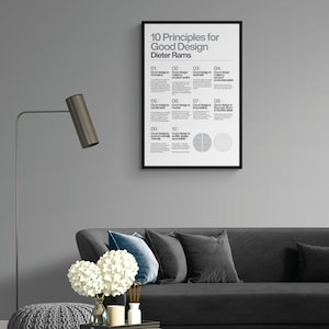 May include: A black and white poster with the title "10 Principles for Good Design" by Dieter Rams. The poster lists 10 principles of good design, including innovative, useful, aesthetic, understandable, unobtrusive, honest, long-lasting, environmentally friendly, and as little design as possible.