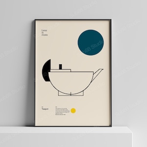 Può includere: Una stampa artistica da parete incorniciata su sfondo color crema con un disegno a linee nere di una teiera, un grande cerchio blu ottanio scuro, un piccolo cerchio giallo e il testo "Less is more" e "Teapot" insieme a un paragrafo descrittivo.