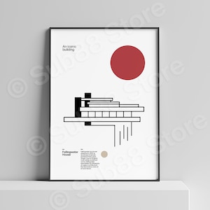 Minimalist Poster illustration of Frank Lloyd Wright&#39;s Fallingwater - Architecture gift