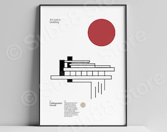 Minimalist Poster illustration of Frank Lloyd Wright&#39;s Fallingwater - Architecture gift