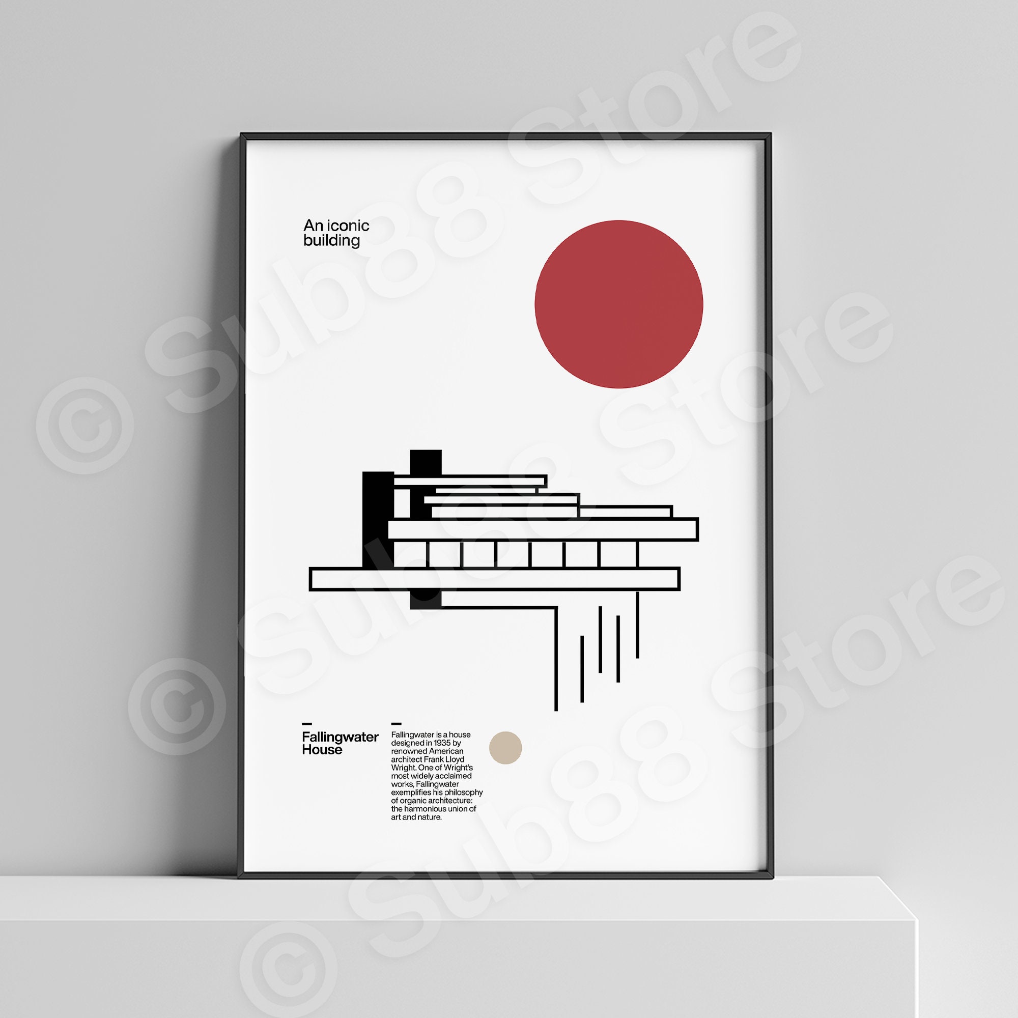 Minimalist Poster illustration of Frank Lloyd Wright's Fallingwater - Architecture gift