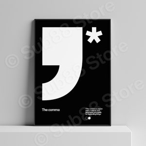 The Comma Typographic Black poster, Minimalistic, Modern Design, Helvetica, Sans Serif, font