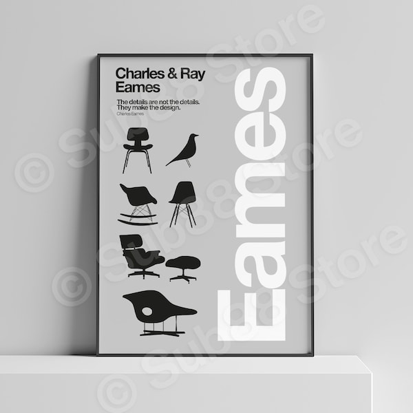 Eames Chairs and bird print, Modern Industrial design, Bauhaus poster, Helvetica Minimalist Furniture Digital Art Print, Unique Home decor