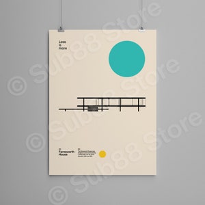 Poster Farnsworth House, Ludwig Mies van der Rohe, Minimal Architecture Bauhaus Design