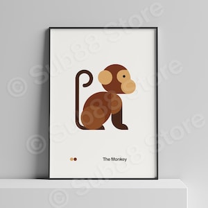 Minimalist Monkey Nursery Poster | Cute Bauhaus Kids Room Decor | Childrens Art Print