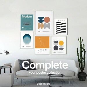 May include: A set of five framed posters with geometric shapes and a modern design. The posters are hung on a white wall above a white couch. The posters are titled "Shapes" and "Modern".