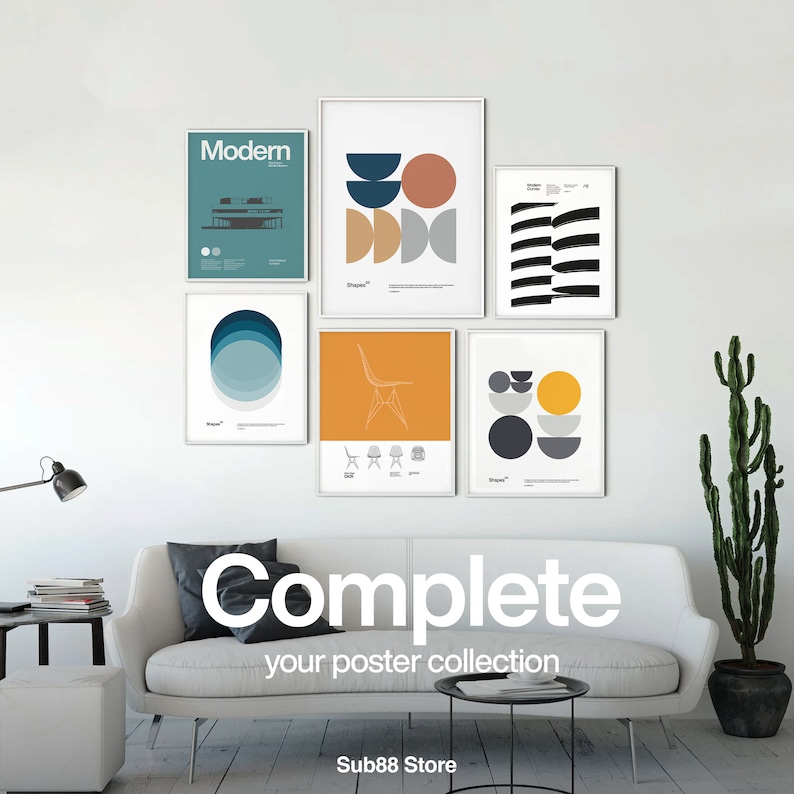 May include: A set of five framed posters with geometric shapes and a modern design. The posters are hung on a white wall above a white couch. The posters are titled "Shapes" and "Modern".