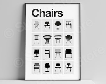 Chairs, Iconic Chair Collection Poster Black & White, Minimalist Interior Art Poster, Furniture Poster, Design lover gift