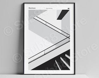 May include: Black and white illustration of a staircase in the Bauhaus Dessau building. The image is a minimalist design with geometric shapes and lines.