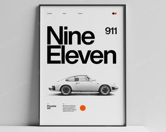 Porsche 911 Poster, Minimalist Swiss Design Car Print, Automotive Wall Art, Sports Car Gift