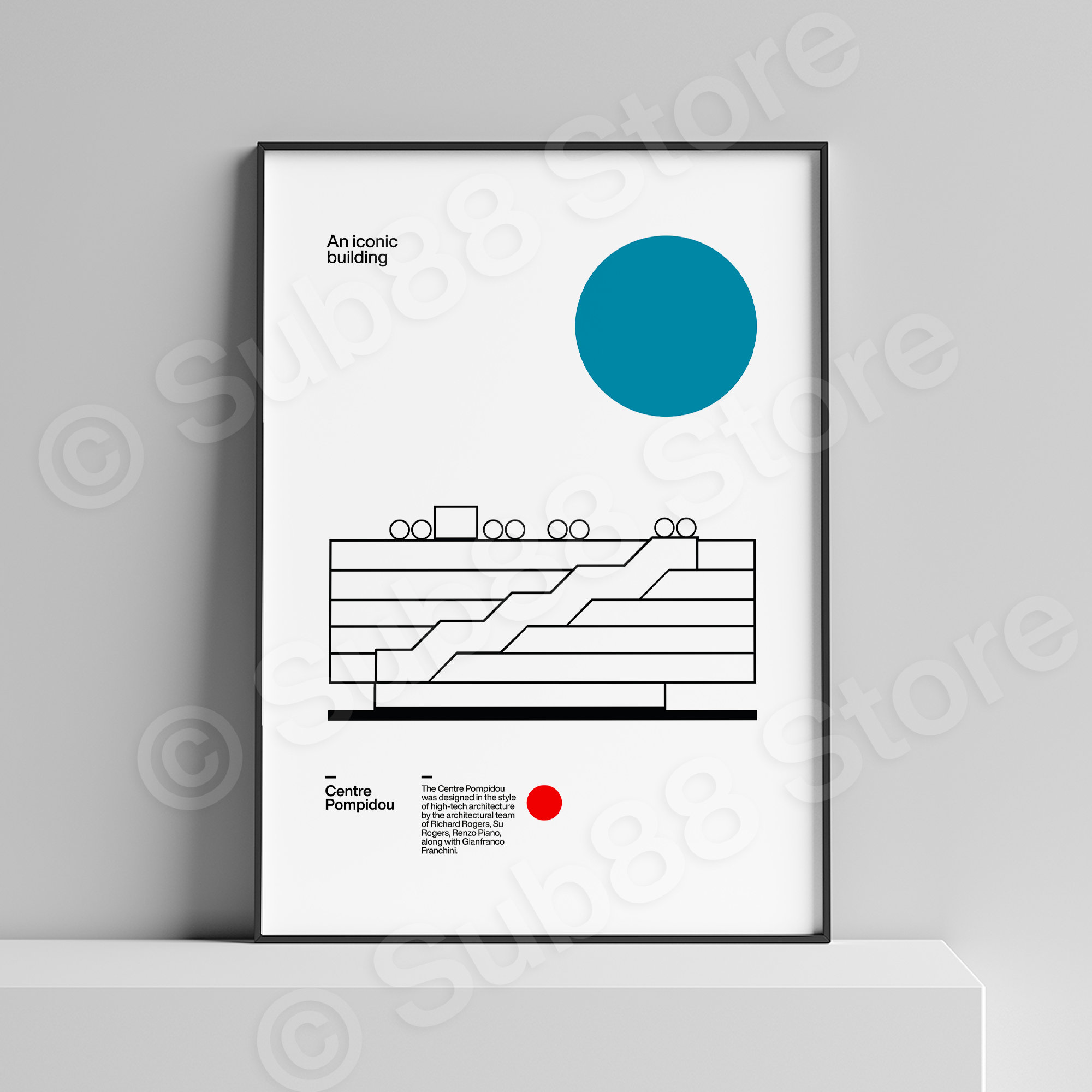 Minimalist poster illustration of The Centre Pompidou architecture by Richard Rogers, Su Rogers, Renzo Piano