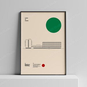 Peut inclure: Une affiche verticale sur fond beige présentant un dessin au trait noir du bâtiment Bauhaus, un grand cercle vert, un petit cercle rouge, ainsi que le texte "Less is more" et "Bauhaus Building" accompagné d'un paragraphe descriptif noir.