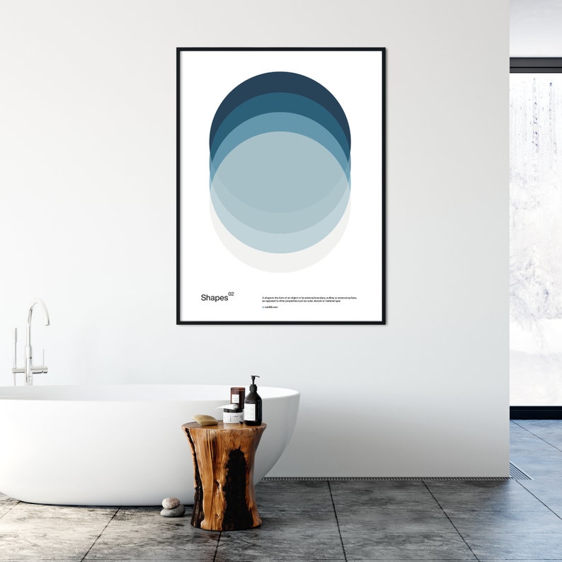 May include: A minimalist poster with a black frame featuring a blue and white abstract design of overlapping circles. The poster is titled "Shapes 20" and includes a website address.