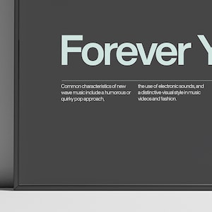 May include: A black and white image with the word "Forever Y" in large, white, sans-serif font. The text below describes the common characteristics of new wave music, including a humorous or quirky pop approach, the use of electronic sounds, and a distinctive visual style in music videos and fashion.