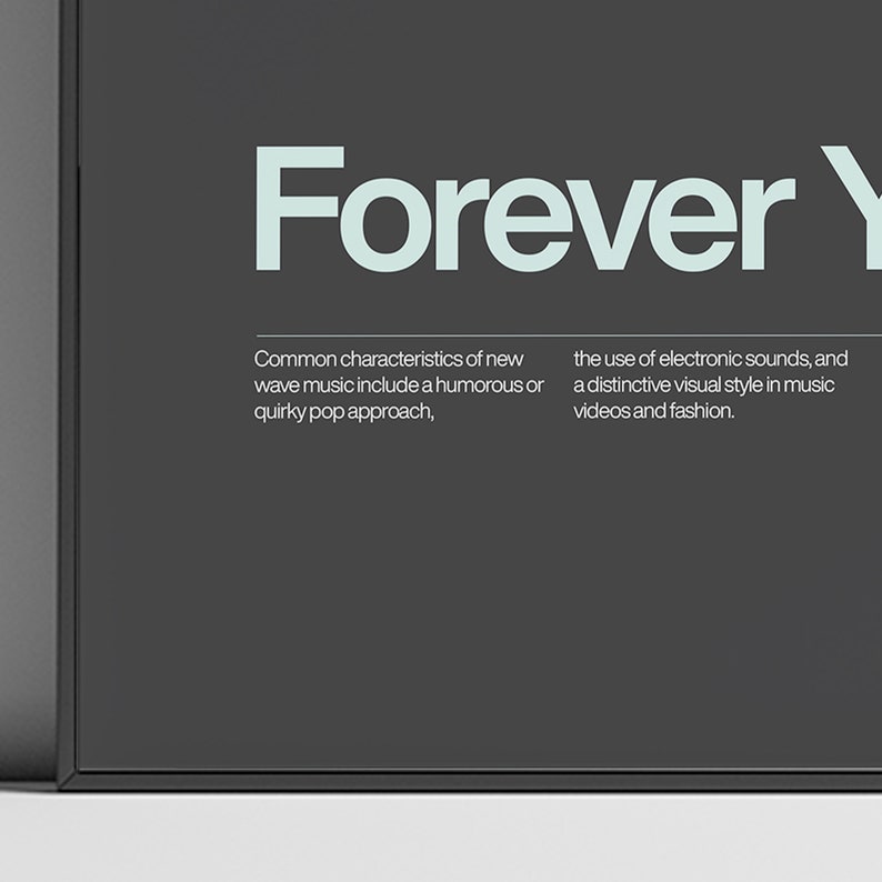 May include: A black and white image with the word "Forever Y" in large, white, sans-serif font. The text below describes the common characteristics of new wave music, including a humorous or quirky pop approach, the use of electronic sounds, and a distinctive visual style in music videos and fashion.