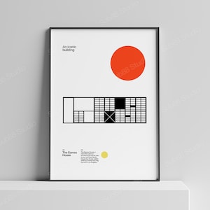 Peut inclure: Une affiche encadrée sur fond blanc avec un grand cercle orange, un plan architectural en grille noire, un petit cercle jaune et du texte noir indiquant An iconic building, The Eames House, ainsi qu'un texte descriptif.