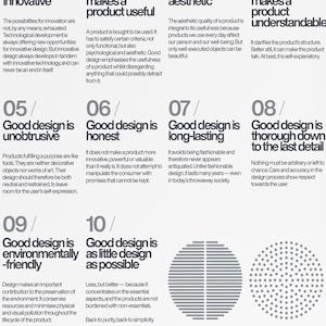 May include: A white and gray infographic poster with the text "Good Design" and 10 principles of good design. Each principle is numbered and has a short description.