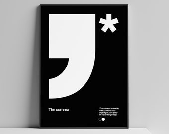 The Comma Typographic Black poster, Minimalistic, Modern Design, Helvetica, Sans Serif, font