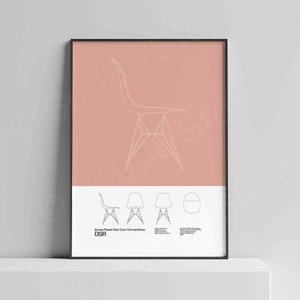 May include: A line drawing of a pink Eames Plastic Side Chair with a chrome base. The chair is shown from the side, with the back of the chair facing the viewer. The chair is shown in three different views, including a front view, a side view, and a back view. The text "Eames Plastic Side Chair Chromed Base DSR" is shown below the chair.