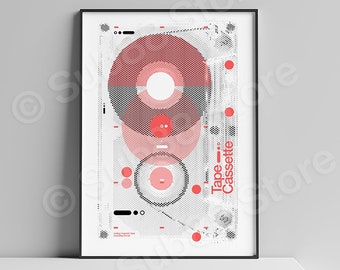 Retro Cassette Tape Poster: Geometric Abstract Halftone Print