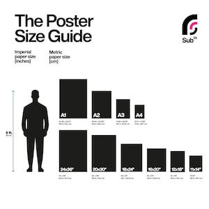 May include: A poster size guide with a silhouette of a person standing next to a chart showing the different sizes of paper in inches and centimeters. The chart includes the following sizes: A1, A2, A3, and A4. The chart also includes the following sizes in inches: 24x36, 20x30, 18x24, 16x20, 12x18, and 11x14.