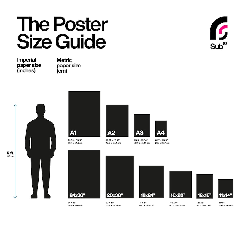 May include: A poster size guide with a silhouette of a person standing next to a chart showing the different sizes of paper in inches and centimeters. The chart includes the following sizes: A1, A2, A3, and A4. The chart also includes the following sizes in inches: 24x36, 20x30, 18x24, 16x20, 12x18, and 11x14.