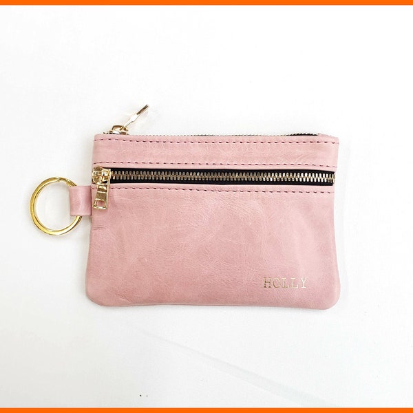 Pink Leather Key Pouch, Keychain Pouch, Pink Pouch, Zippered Pouch, Coin Purse, Small Pouch, Double Zippered Pouch, Pink Pouch, Pink Purse