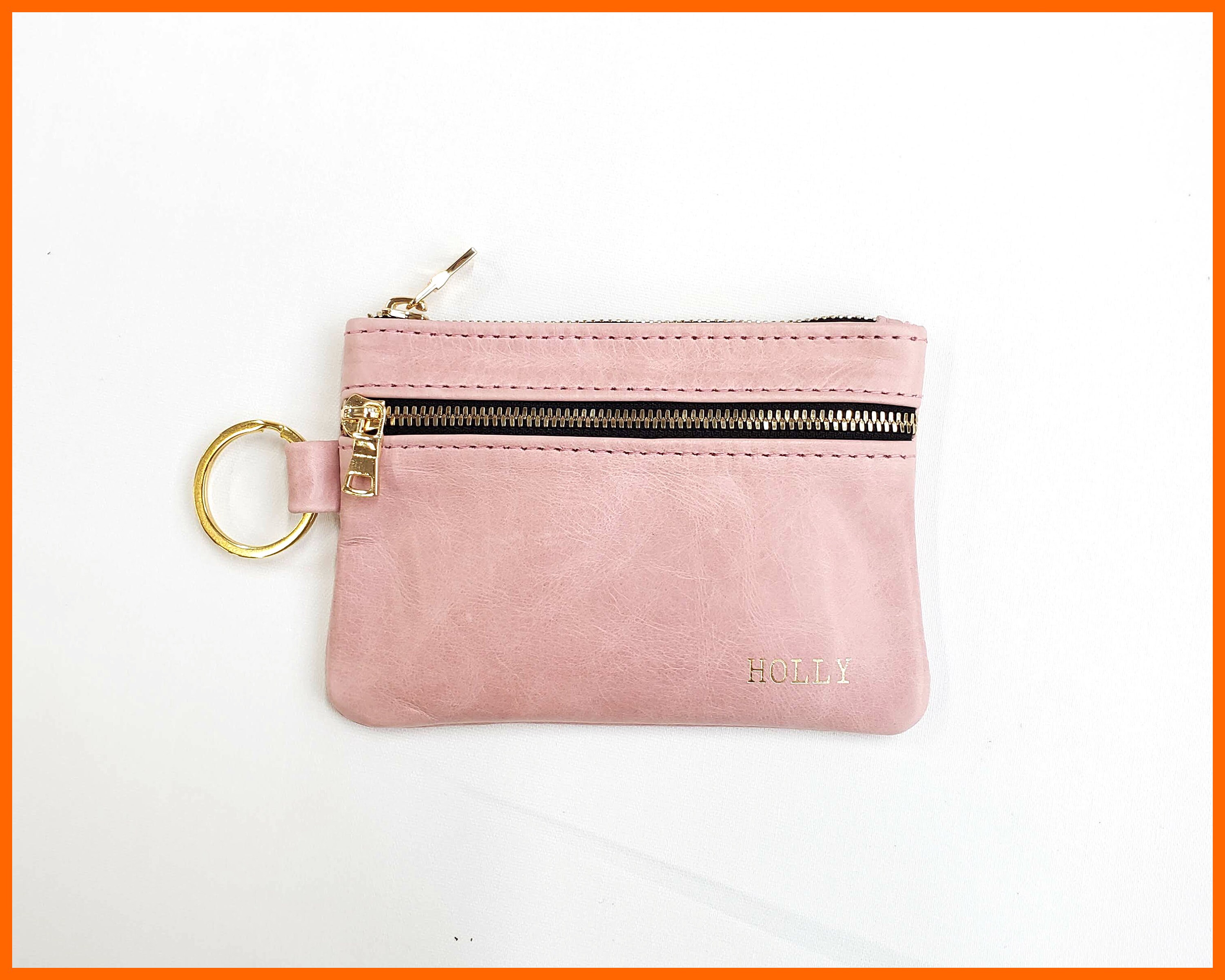 ID Card Holder Wallet for Women Keychain Small Leather Zipper Credit Card  Pocket Mini Pink Coin Purse Slim with Key Ring ID Window