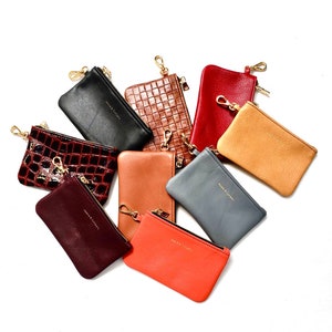 May include: Assortment of nine small leather pouches in various colors, including black, brown, red, orange, and tan. Each pouch has a gold zipper and a gold key ring attached. The pouches are arranged in a semi-circle on a white background.