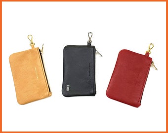 Personalized Leather Keychain Coin Pouch, Zippered Compact Wallet
