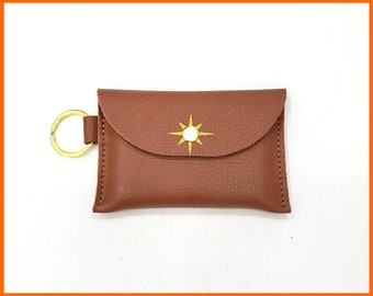 Brown Leather Keychain Wallet, Star Accent, Personalized Card Holder