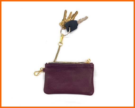 Leather Key Pouch with Chain, Personalized Small Zipper Pouch