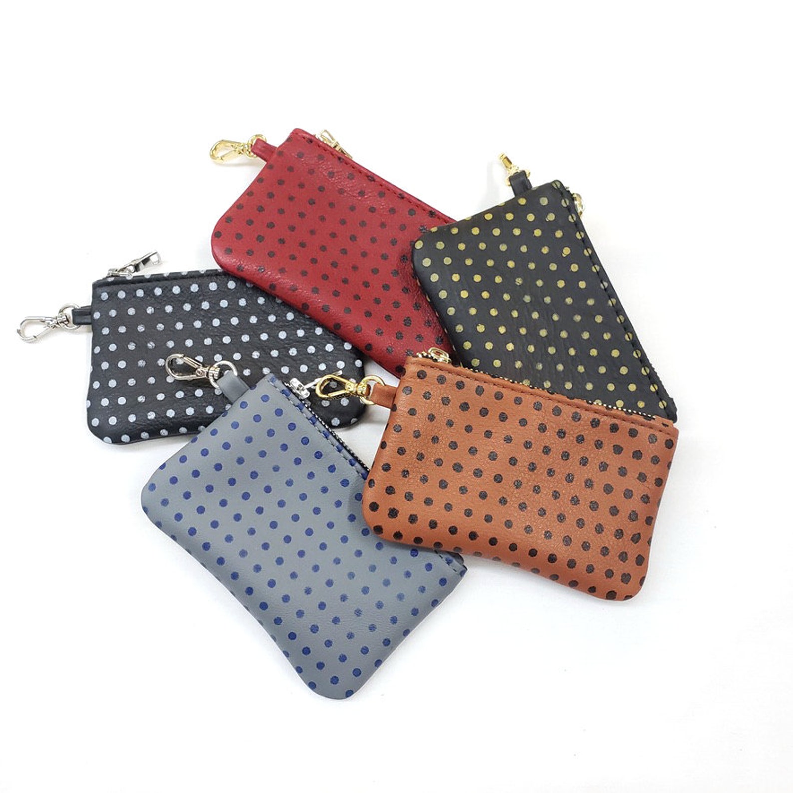 Leather Keychain Pouch Polka Dot Leather Keychain Hand Etsy