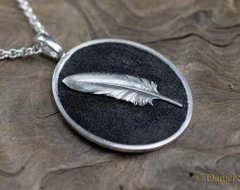 Necklace silver hand-engraved, pendant with feather, single piece, unique