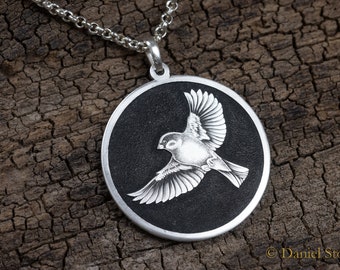 Silver pendant hand-engraved sparrow, silver jewelry with flying bird, silver sparrow