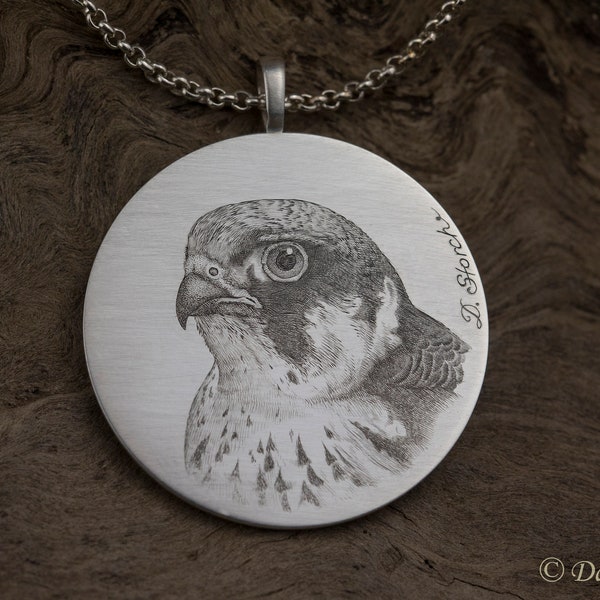 Silver Pendant hand engraved with a portrait of eurasian hobby, falconer gift
